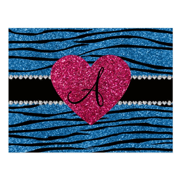 Monogram misty blue glitter zebra stripes heart postcards