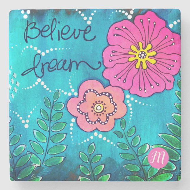 Monogram Mixed Media Art with Flowers |  Stone Coaster (Front)