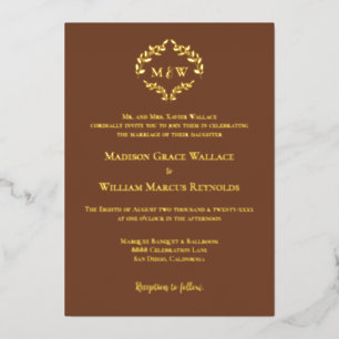 Monogram Mocha Brown Gold Luxe Elegant Crest Foil Invitation