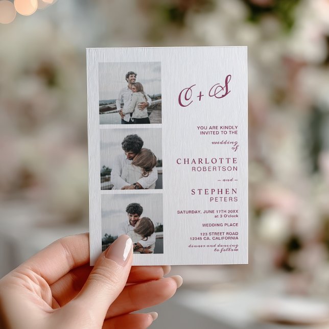 Monogram Modern 3 Photo Burgundy Script Wedding Letterpress Photo Cards (Monogram Modern 3 Photo Burgundy Script Wedding Letterpress Photo Cards)
