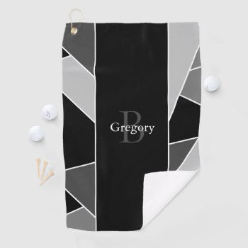 Monogram Modern Abstract Black Grey White Golf Towel by JennLenayDesigns at Zazzle