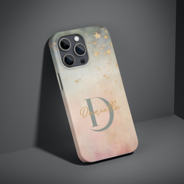 Monogram Modern Abstract Custom Name Stars Pink Case-Mate iPhone Case (Creator Uploaded)