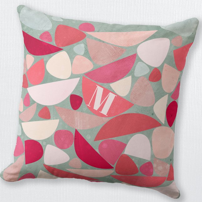 Monogram Modern Abstract Throw Pillow (Modern Monogram abstract pink red and sea foam green personalized throw pillow)