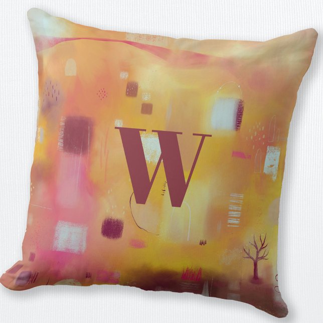 Monogram Modern Abstract Yellow Throw Pillow (Monogram personalized yellow abstract art throw pillow)