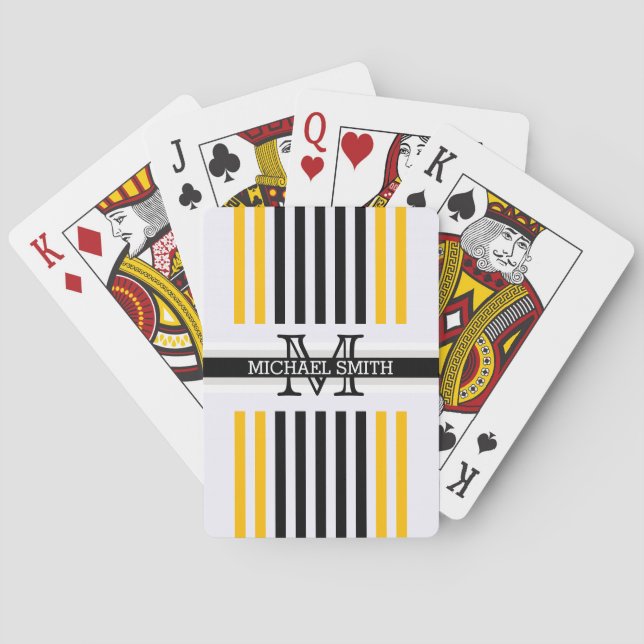 Monogram Modern Black Amber Stripes Pattern Poker Cards (Back)