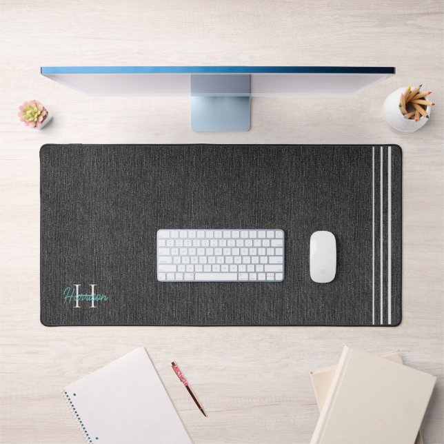 Monogram Modern Black Denim Print Platinum Accents Desk Mat (Office 1)