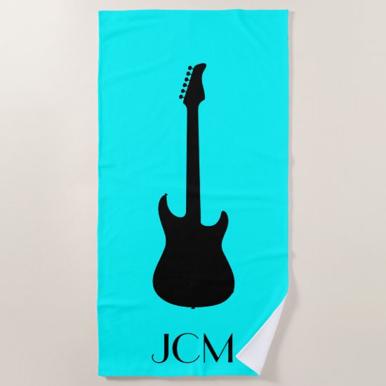 Monogram Modern Black Electric Guitar / Aqua Blue Beach Towel