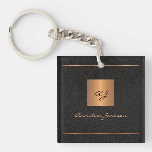 Monogram modern black gold elegant script name keychain (Front)