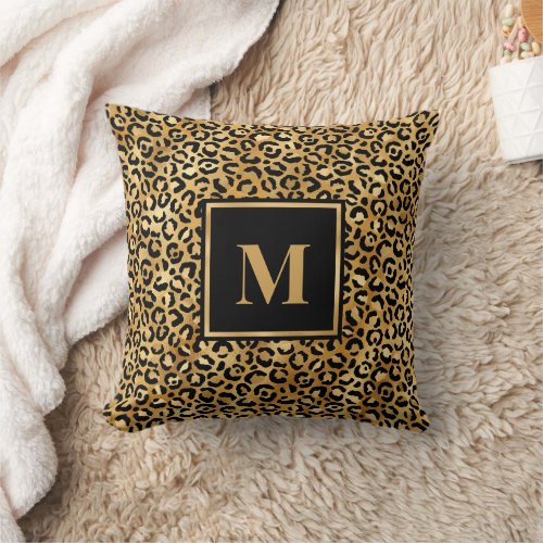 Monogram Modern Black Gold Leopard Print Throw Pillow