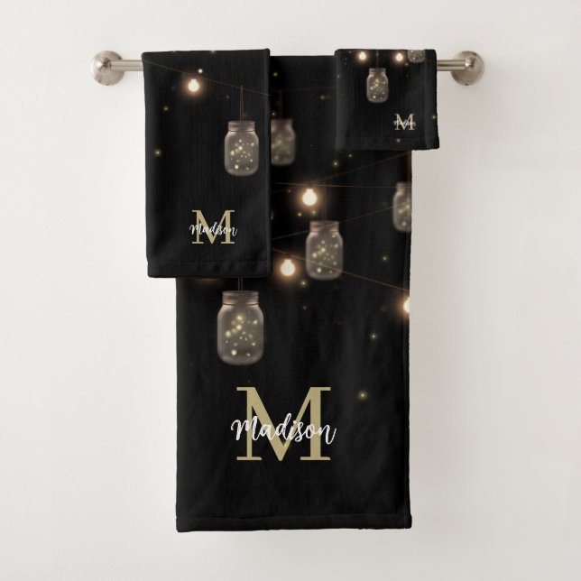 Monogram Modern Black Mason Jar Lights Bath Towel Set (Insitu)