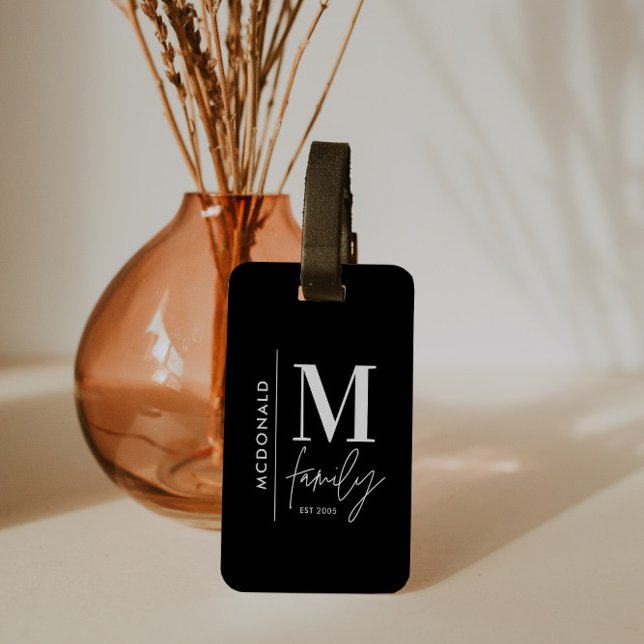 Monogram modern black personalized family elegant luggage tag (Creator Uploaded)