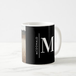 Monogram modern black personalized photo family coffee mug