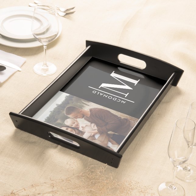 Monogram modern black personalized photo family serving tray (Front)