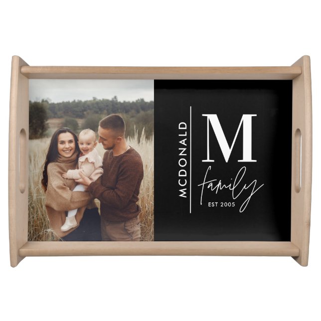 Monogram modern black personalized photo family serving tray (Front)