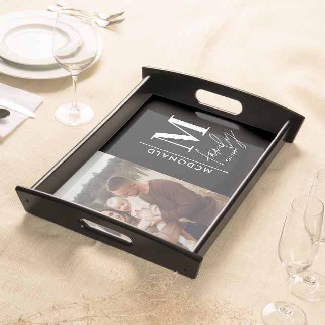 Monogram modern black personalized photo family serving tray (Front)
