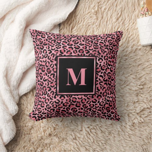 Monogram Modern Black Pink Leopard Print Throw Pillow