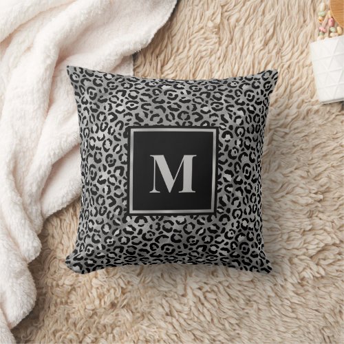 Monogram Modern Black Silver Grey Leopard Print Throw Pillow