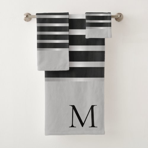 Monogram Modern  Black Stripes on Silver Bath Towel Set