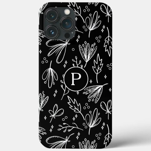 Monogram Modern Black White Floral Pattern iPhone 13 Pro Max Case