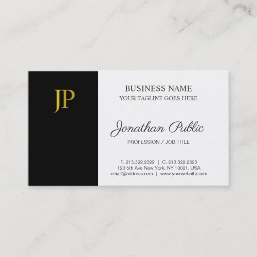 Monogram Modern Black White Gold Company Plain Business Card