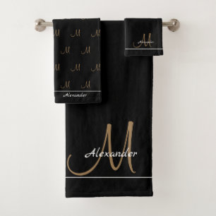 Monogram Modern Black White Gold Elegant Bath Tow Towel Set