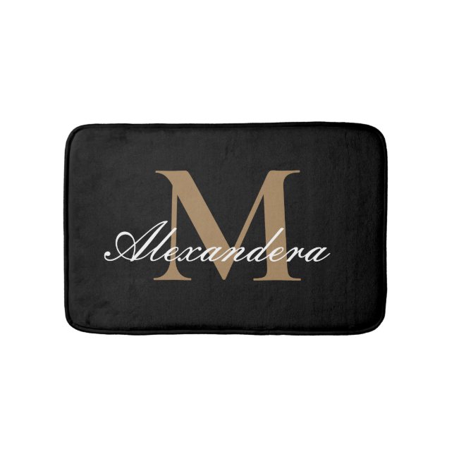 Monogram Modern Black White Gold Elegant  Script  Bath Mat (Front)