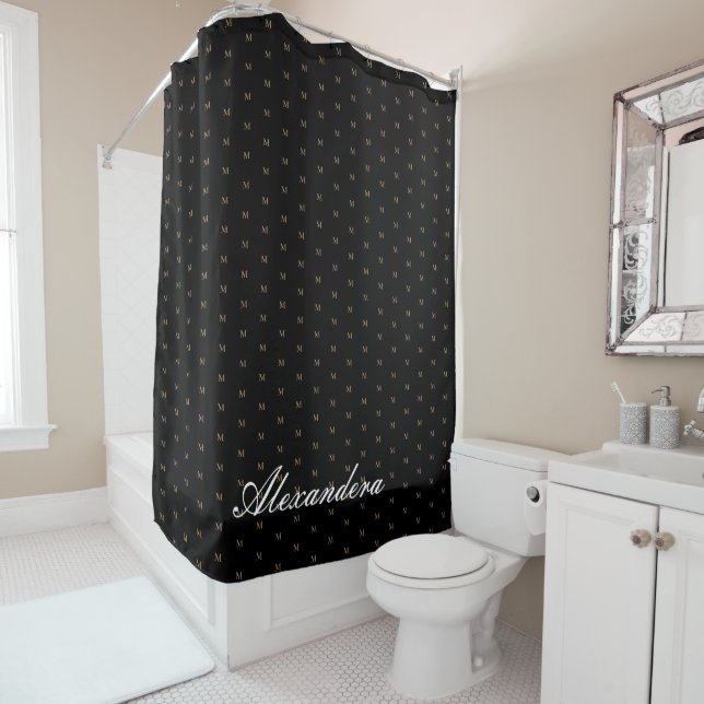 Monogram Modern Black White Gold Elegant  Shower Curtain (In Situ)