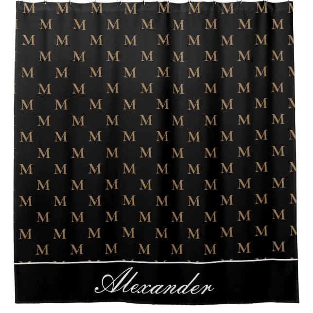 Monogram Modern Black White Gold Elegant  Shower Curtain (Front)