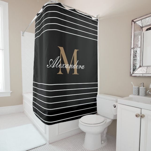 Monogram Modern Black White Gold Elegant Stripes Shower Curtain (In Situ)