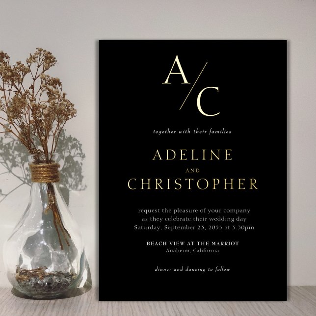 Monogram Modern Black White Gold Foil Invitation (Creator Uploaded)