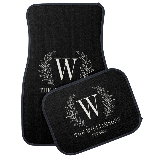 Monogram Modern Black White Laurel Wreath Car Floor Mat (Set)