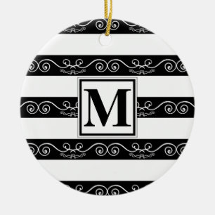 Monogram modern Black White striped Ceramic Ornament