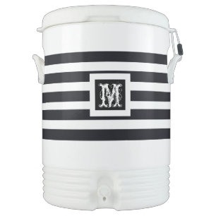Monogram Modern Black & White Striped Portable Beverage Cooler