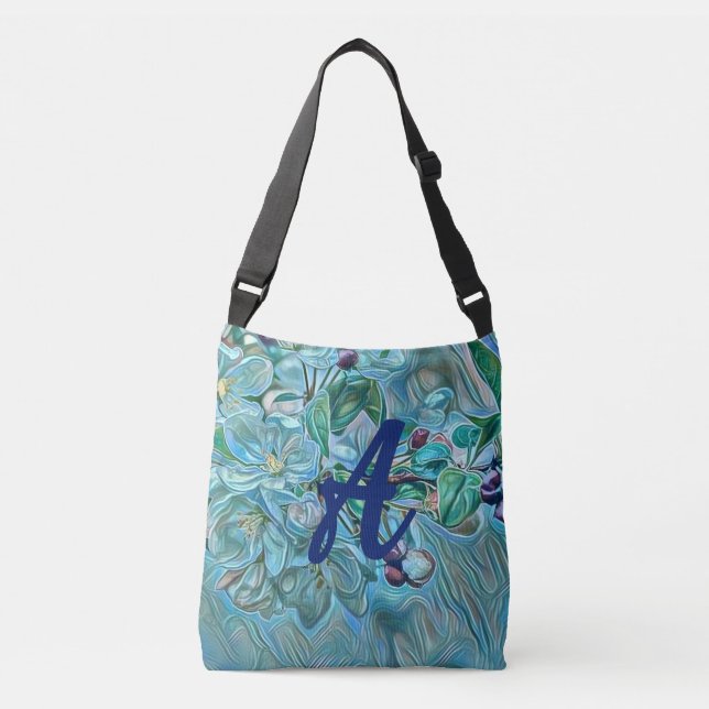 Monogram Modern Blue Cherry Blossom Watercolor Crossbody Bag (Front)