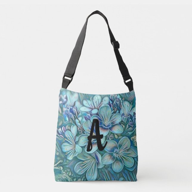 Monogram Modern Blue Cherry Blossom Watercolor Crossbody Bag (Front)