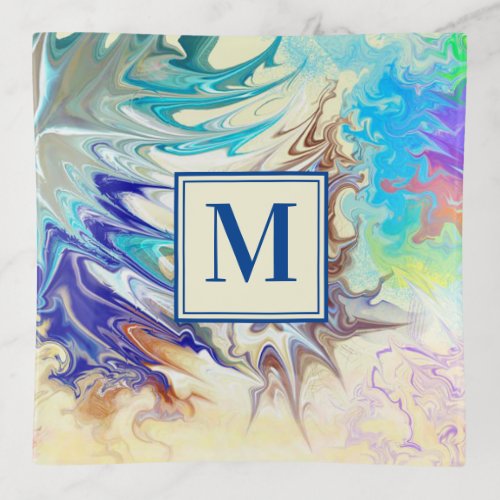 Monogram Modern Blue Cream Abstract Trinket Tray