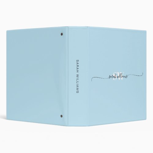 Monogram Modern Blue Elegant Chic Script Name 3 Ring Binder