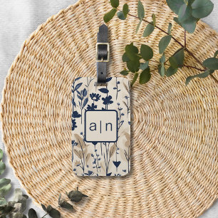 Monogram Modern Blue Floral Luggage Tag