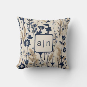 Monogram Modern Blue Floral Throw Pillow