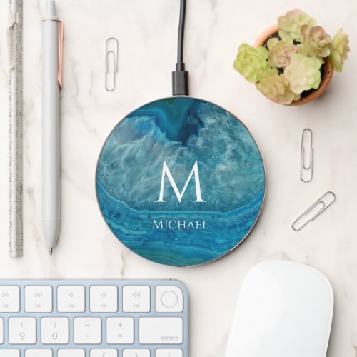 Monogram Modern Blue Geode Agate Initial Name Wireless Charger