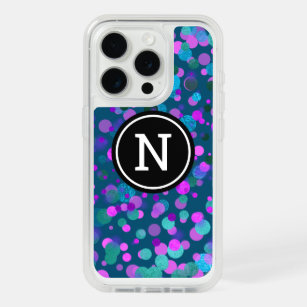 Monogram modern blue purple confetti dots on teal iPhone 15 pro case