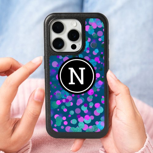Monogram modern blue purple confetti dots on teal iPhone 15 pro case