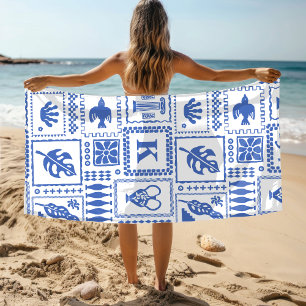 Monogram Modern Blue White Abstract Pattern Beach Towel