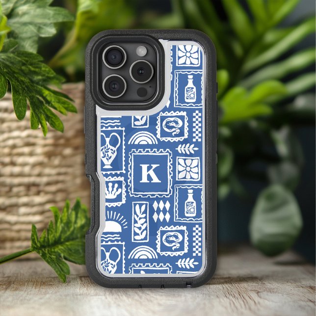 Monogram Modern Blue White Abstract Pattern Otterbox iPhone Case (Creator Uploaded)