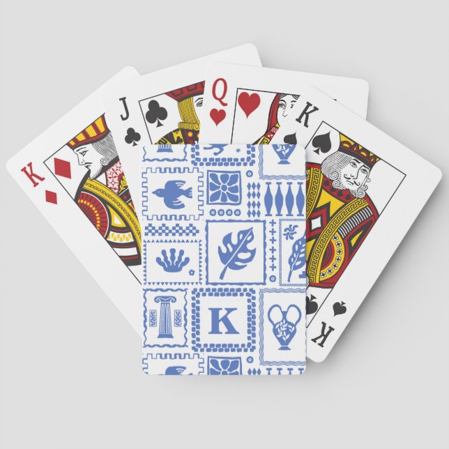 Monogram Modern Blue White Abstract Pattern Poker Cards (Back)