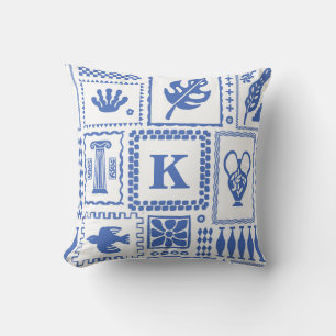Monogram Modern Blue White Abstract Pattern Throw Pillow