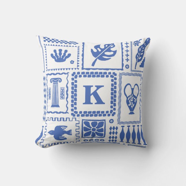Monogram Modern Blue White Abstract Pattern Throw Pillow (Front)