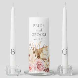 Monogram Modern Boho Pampas Grass Floral Wedding U Unity Candle Set