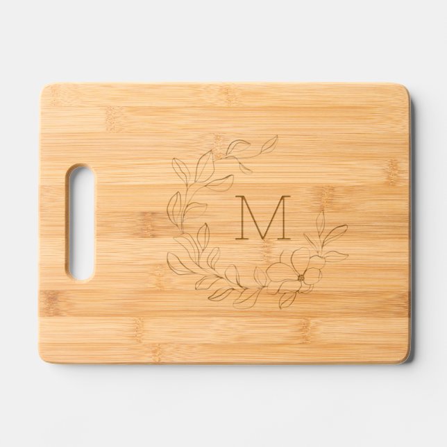 Monogram Modern Botanical Wreath Monogrammed Engraved Cutting Board (Front)
