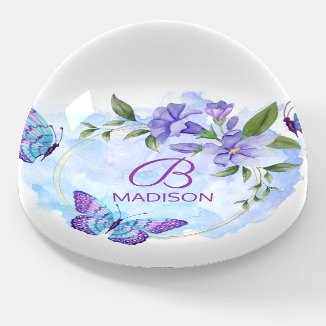 Monogram Modern Butterfly Girly Personalized Paperweight (Angled)